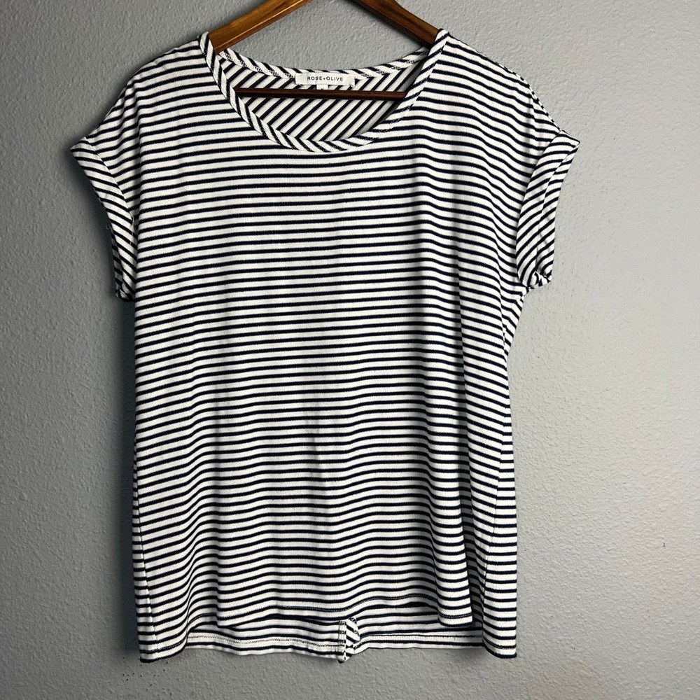 Rose+Olive Striped Tunic Top Button Back Short Sleeve Casual Nautical Size M
